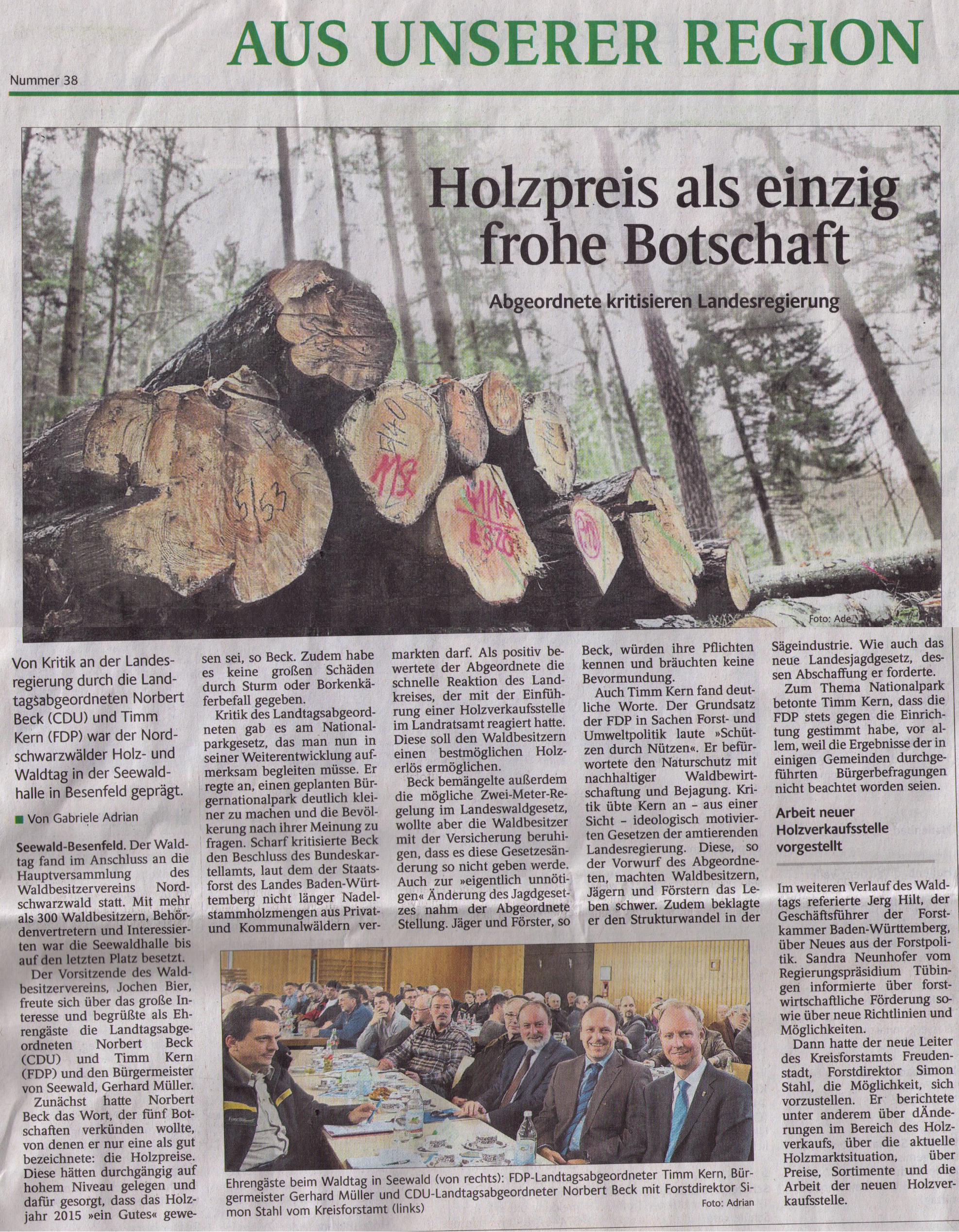 Zeitungsartikel 12. Nordschwarzwälder Holz- und Waldtag 2016